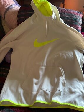 Nike Men/women white Crewneck Hoodie with Neon Yellow Swoosh